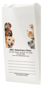 White Paper veterinary prescription bag with cute dog and cat photo peek design.