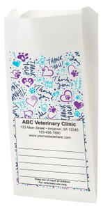 White Paper veterinary prescription bag with stylish Thank You script, hearts, and paw prints.