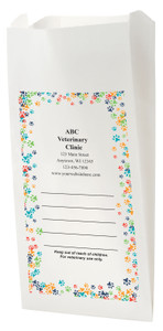 White Paper veterinary prescription bag with colorful paw print border design.