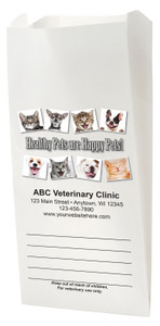 White Paper veterinary prescription bag with happy pet photo collage and Healthy Pets are Happy Pets design.