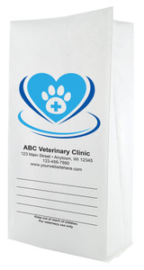 White paper veterinary prescription bag featuring veterinary prescription bags with heart-shaped paw medical logo design