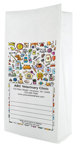 White paper veterinary prescription bag featuring veterinary prescription bags with playful pet supplies doodle pattern