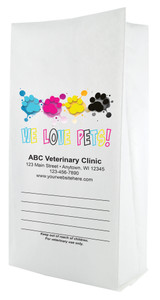 White paper veterinary prescription bag featuring veterinary prescription bags with colorful We Love Pets text and paw prints