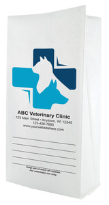 White paper veterinary prescription bag featuring veterinary prescription bags with dog and cat medical cross logo