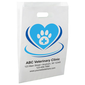 White die-cut handle paper bag featuring a blue heart, paw print, medical cross, and curved accent graphics.

