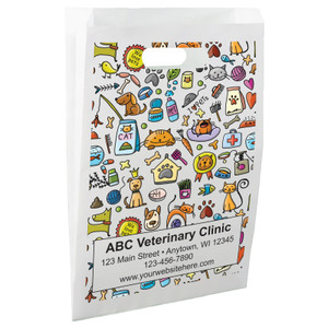 White die-cut handle paper bag featuring a colorful doodle pattern with pets, paw prints, pet supplies, toys, grooming tools, and veterinary-themed icons.

