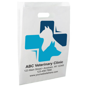 White die-cut handle paper bag featuring a blue veterinary medical cross with dog and cat silhouettes.

