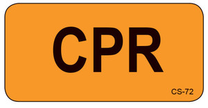 Orange veterinary cage sticker with bold black "CPR" text and small CS-72 in corner