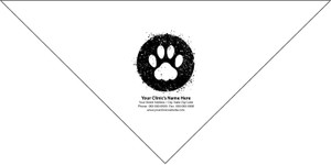  Personalized pet bandana featuring a large distressed paw print inside a textured circular background above a custom clinic name, address, phone number, fax number, and website.


