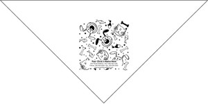 Personalized pet bandana featuring cartoon dog and cat faces with fish, bones, and decorative pet-themed graphics surrounding custom clinic name, address, phone number, fax number, and website information.


