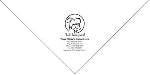 Personalized pet bandana featuring a line-art dog and cat inside a circular outline above the phrase "We love pets!" with custom clinic name, address, phone number, fax number, and website information.

