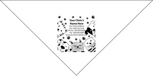 Personalized pet bandana featuring cartoon-style dog and cat faces surrounding a custom clinic name, address, phone, fax, and website. Black paw prints are scattered throughout the design around the central imprint area.

