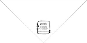 Large personalized pet bandana featuring a sketch-style rectangular border with paw prints around a custom clinic name, address, phone number, fax number, and website imprint area.

