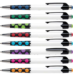 PEN7- Mardi Gras Hex Pen Personalized w/ Black or Blue Ink - Imprint area: 1 7/8" W x 1/2″ H. 500 pens/unit. PEN7- Mardi Gras Hex Pen Personalized w/ Black or Blue Ink - Imprint area: 1 7/8" W x 1/2″ H. 500 pens/unit.