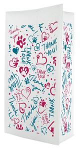 A flat bottom bag with a white background features colorful pink and teal hearts, paw prints, and repeated “Thank You” text in playful handwritten styles across the surface
