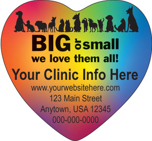 Heart-shaped veterinary die-cut magnet featuring a rainbow gradient background with multiple animal silhouettes and personalized clinic information.

