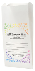 White Paper veterinary prescription bag with gradient paw print border design.