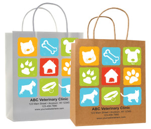 veterinary handled bag with colorful pet icon grid design