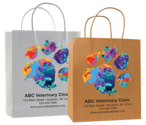 veterinary handled bag with vibrant paint splash paw print design