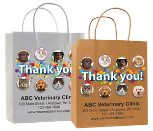 veterinary handled bag with colorful thank you and pet photo design