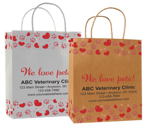 veterinary handled bag with red hearts and paw prints we love pets design