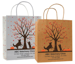 veterinary handled bag with autumn tree, dog and cat silhouette design