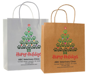 veterinary handled bag with paw print christmas tree happy holidays design