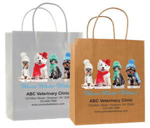 veterinary handled bag with winter pets and warm winter wishes design