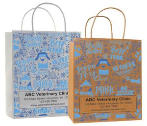 veterinary handled bag with winter pet icons and seasonal typography design
