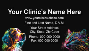 Veterinary business card featuring neon-style dog and cat portraits in vibrant colors on a black background with centered contact information.

