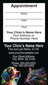 Veterinary sticker appointment business card with colorful artistic dog and cat portraits, black background, and peel-off appointment reminder section.

