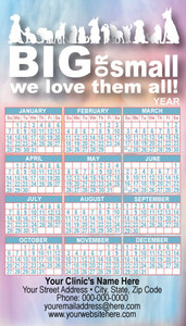 Personalized magnetic calendar with white cat and dog silhouettes, "BIG or small we love them all!" text, blue-purple gradient background, yearly calendar layout, and business imprint area.

