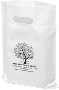 Personalized veterinary promotional bag displaying a tree illustration composed of pet and veterinary-themed icons, including dogs, cats, paw prints, birds, fish, treats, and medical symbols. The centered artwork appears above a structured area for practice information on a white recyclable plastic tote bag.