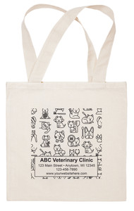 Reusable cotton veterinary promotional tote bag with long handles and a pet-themed illustration panel showing dogs, cats, paw prints, and veterinary symbols. Personalized practice information appears beneath the design in a clean text layout.