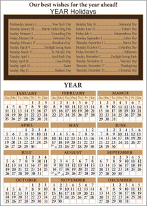 Dog and tabby cat sitting outdoors beside pink flowering plants and rustic wood background above a year calendar with personalized business imprint panel.