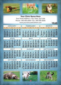 Pet photo collage calendar featuring dogs and cats outdoors on a blue textured background with a white personalization area and  yearly calendar.