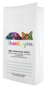 White paper veterinary prescription bag featuring veterinary prescription bags with colorful dog and cat peek design and Thank You script
