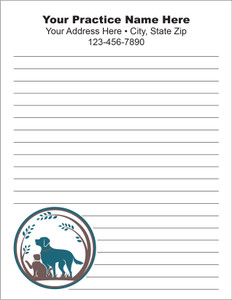 Lined veterinary notepad with a circular dog and cat emblem surrounded by branches and leaves in the lower left corner.

