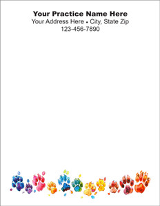 Colorful paw print border featuring blue, purple, pink, orange, yellow, green, and red paw prints along the bottom of the notepad.

