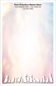 Half-size veterinary notepad with white companion animal silhouettes along the bottom border and a pastel background with practice information at the top.

