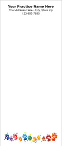 Tall veterinary notepad featuring a row of multicolored paw prints along the bottom border with practice information displayed at the top.

