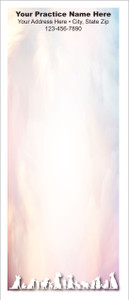Tall veterinary notepad with white silhouettes of multiple companion animals along the bottom against a soft pastel background and practice information at the top.


