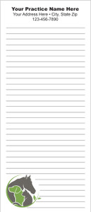 Tall veterinary notepad with lined writing space and a green and gray illustration of a horse, dog, and cat in the lower corner.

