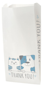 White veterinary bag with gray and blue cat and dog illustration and “THANK YOU!” text


