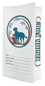 A flat bottom bag with a white background features a circular design of a dog and cat silhouette, along with labeled lines for “Date,” “Owner’s Name,” “Pet’s Name,” and “Instructions,” and the words “Thank You!” printed on the side.

