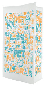 A flat bottom bag with a white background features a dense pattern of playful orange and teal pet-themed illustrations, including cats, dogs, paw prints, bowls, toys, and the word “PET” repeated throughout the design.

