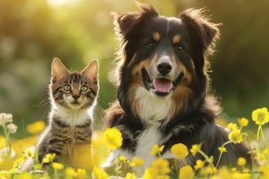 Kitten and black-and-tan dog sitting together in a field of yellow flowers with warm sunlight.

