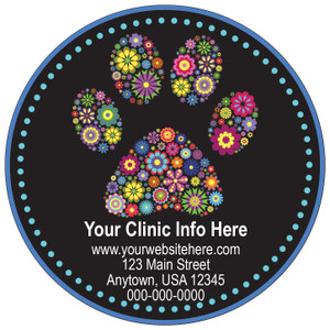 Circle veterinary sticker featuring a colorful floral paw print on a black background with blue border accents and customizable clinic information.

