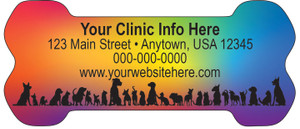 Bone-shaped veterinary sticker featuring a rainbow gradient background with companion animal silhouettes along the bottom and customizable clinic information.

