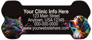 Bone-shaped veterinary sticker featuring colorful dog and cat portraits on a black background with customizable clinic contact information.

